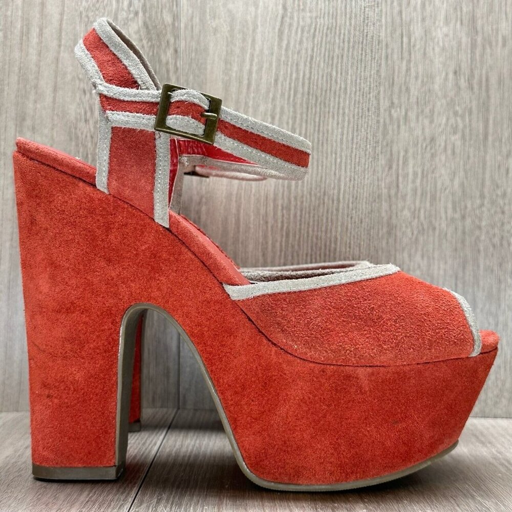 Cooperative Red Suede Platform Heels with Cream Trim